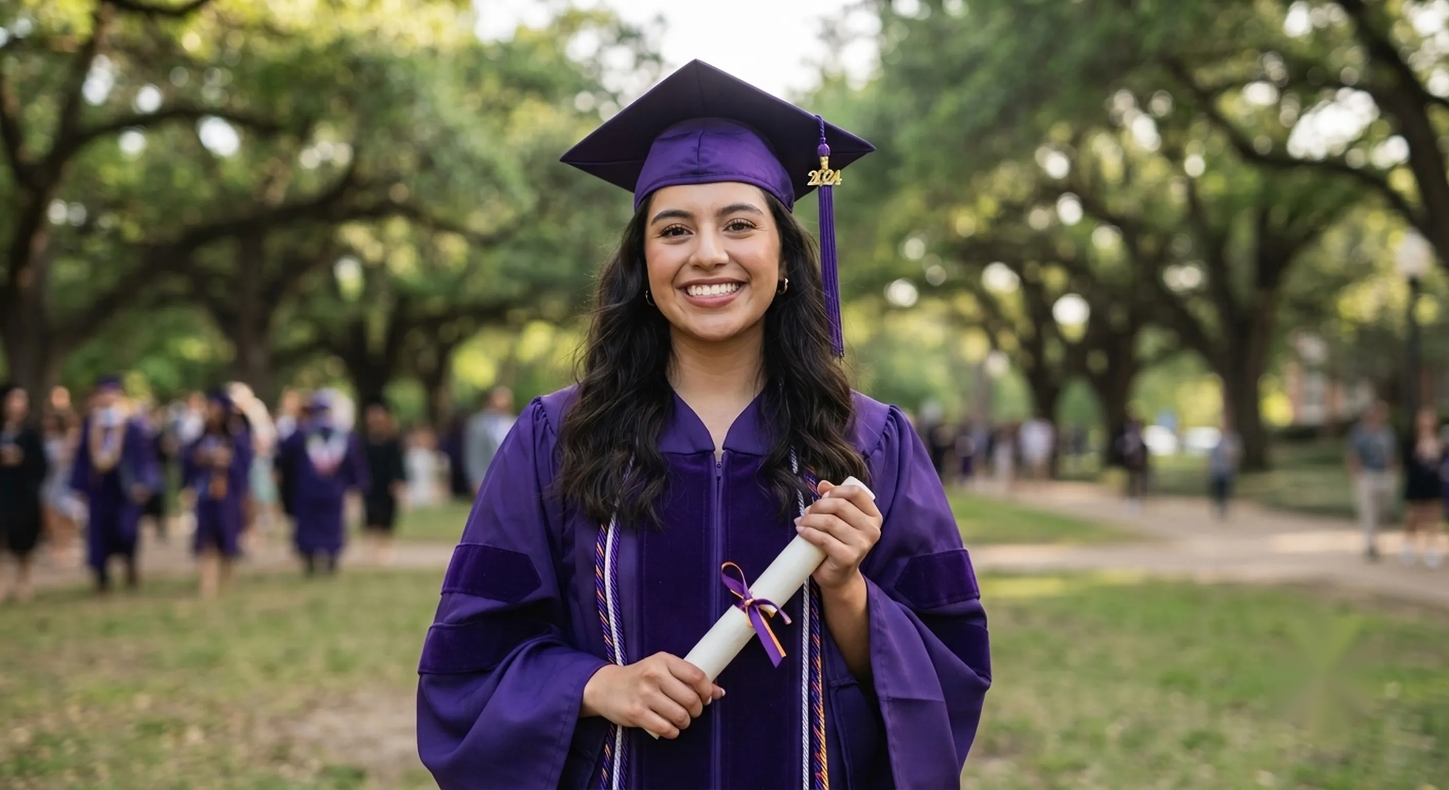 Estudiante graduada sonriendo con toga y birrete